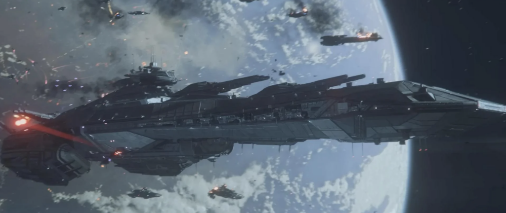 Navi in battaglia davanti a un pianeta, universo Star Citizen